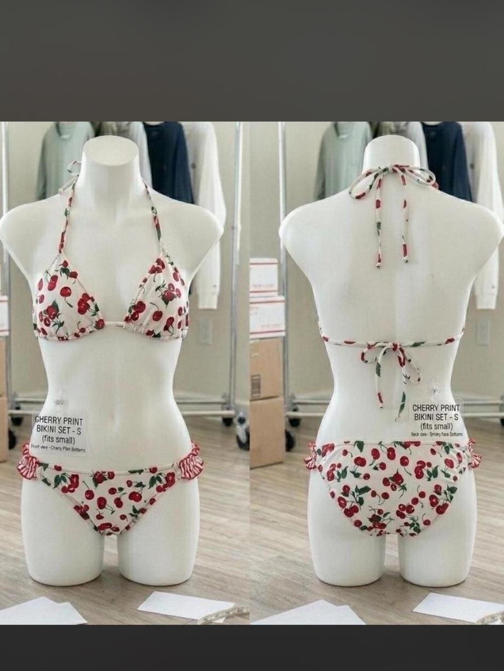 Cherry Print Halter Bikini Set - White/Red
